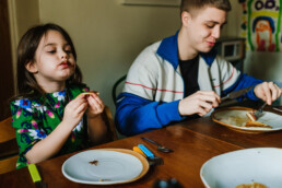 eating pancakes, documentary family photos